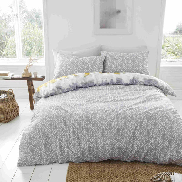 Tie Dye Grey/Ochre Double Bed Quilt Set
