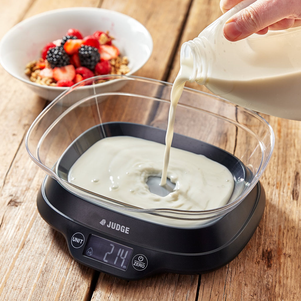 Judge J417 Digital Scales with someone Pouring Milk into the bowl