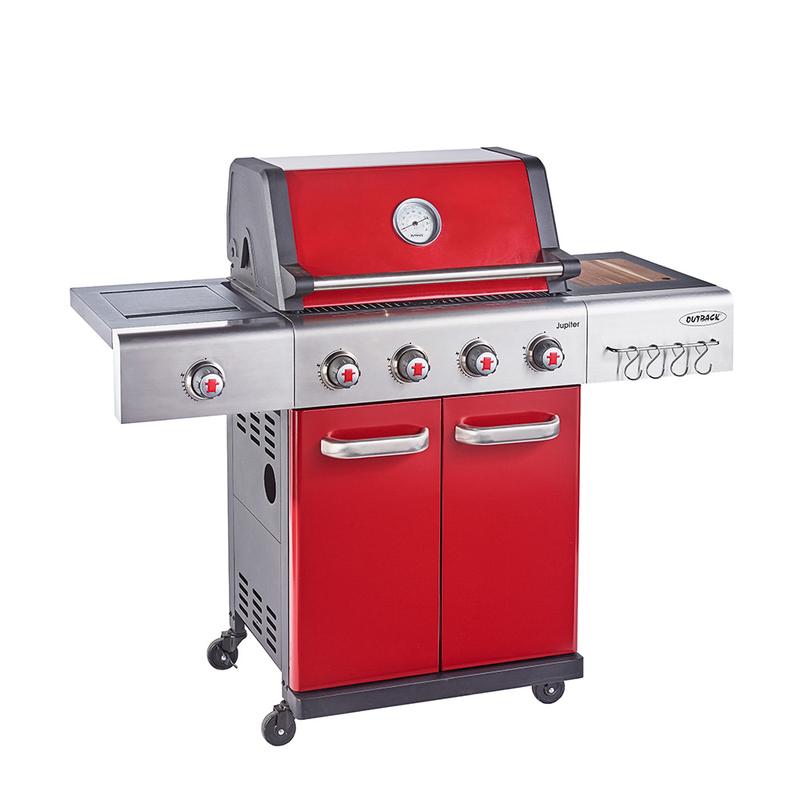 4 Burner Hybrid Barbecue with Chopping Board - Red