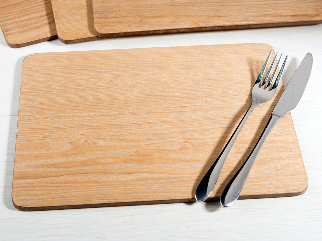 Oak Veneer Placemats Creative Tops with cutlery on top