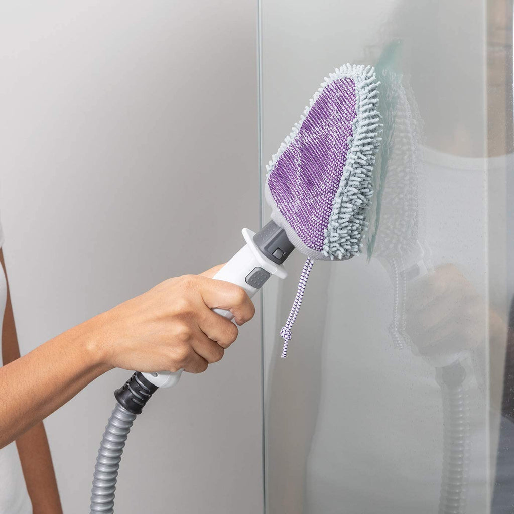 Woman cleaning shower screen with Floor and Handheld Steam Cleaner
