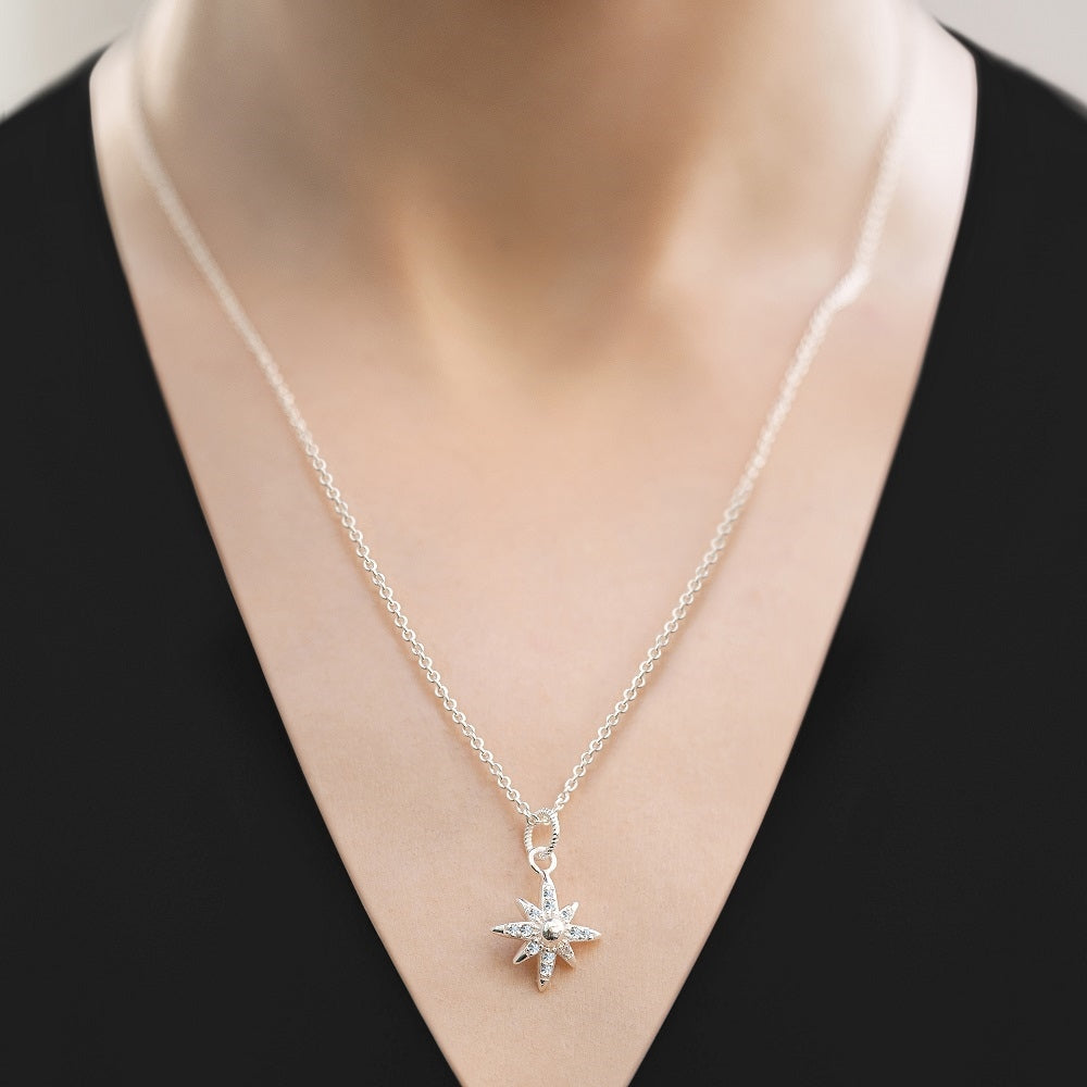 Woman wearing Silver Plated Star Pendant Clear Stones