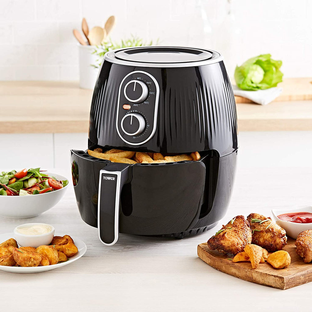 Tower Air Fryer, Black with chips inside, salad and chicken on the side