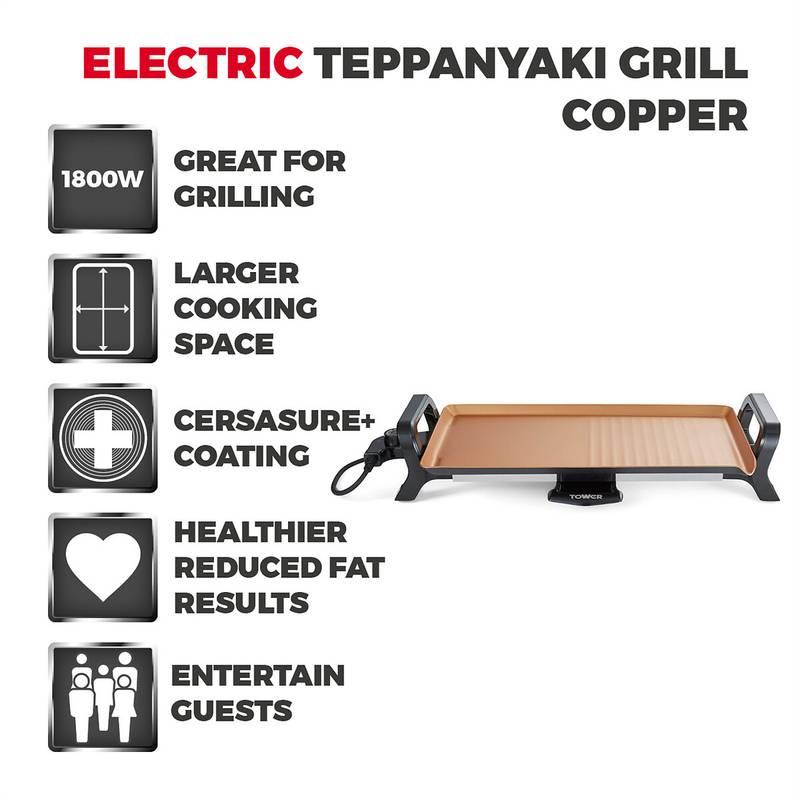 Tower T14037 Electric Table Grill, great for grilling, larger cooking space, cersasure+ coating, healthier reduced fat results, entertain guests