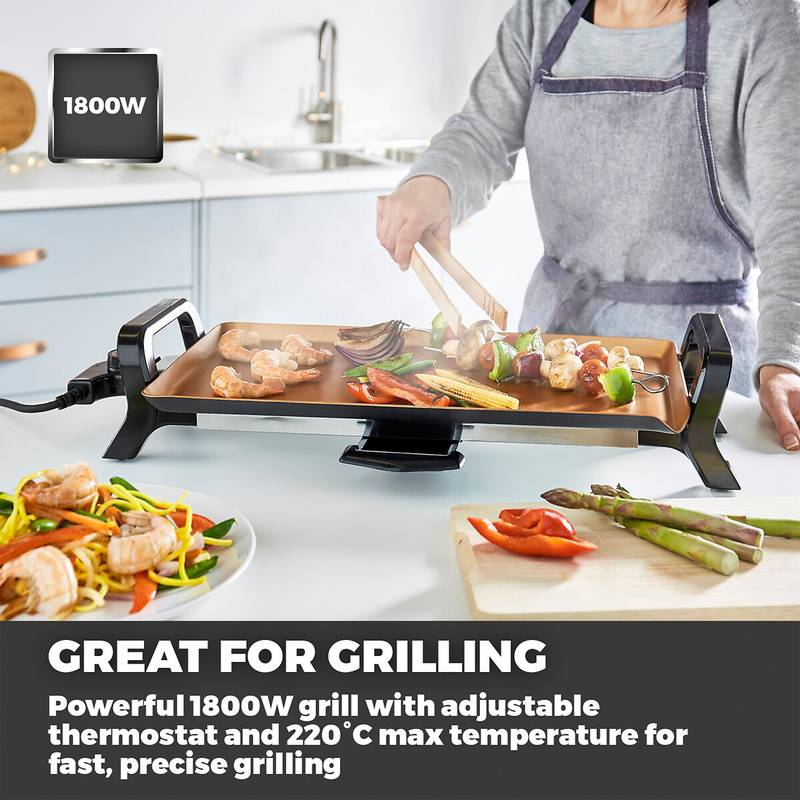 Tower T14037 Electric Table Grill, great for grilling, powerful 1800 watt grill with adjustable thermostat and 220 degrees Celsius max temperature for fast, precise grilling